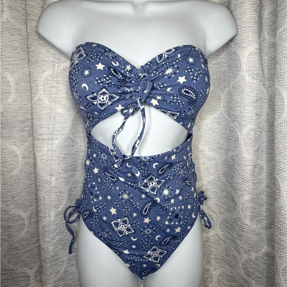 Aerie Blue Paisley One Piece Swimsuit Strapless Cutout Side Tie S